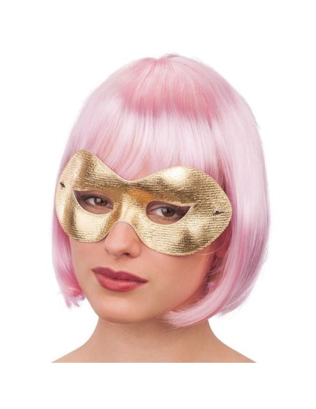 Maschera carnevale farfalla oro metallizzata indossata da donna con parrucca rosa per feste
