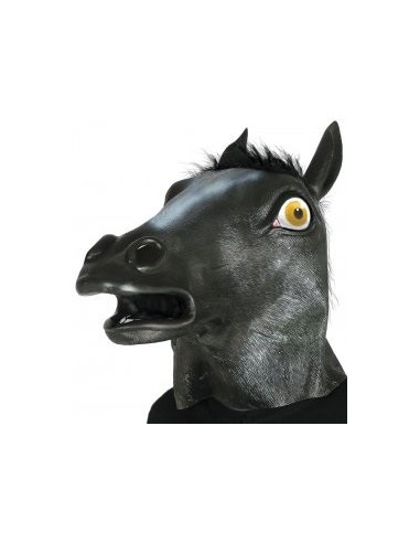 Maschera cavallo nero in lattice con occhi gialli e criniera per Halloween e feste horror