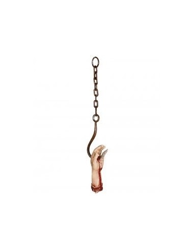 Mano mozzata sanguinolenta con catena e gancio metallico per decorazioni Halloween horror lunghezza 60 cm