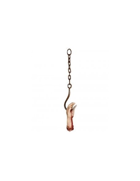 Mano mozzata sanguinolenta con catena e gancio metallico per decorazioni Halloween horror lunghezza 60 cm