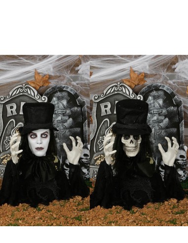 Decorazione Halloween animata con teschio che emerge da tomba con effetti luminosi e sonori per feste horror