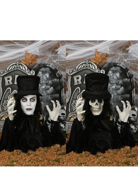 Decorazione Halloween animata con teschio che emerge da tomba con effetti luminosi e sonori per feste horror