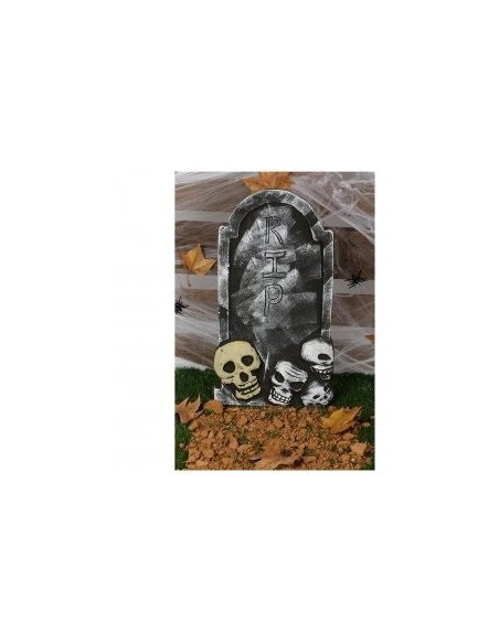 Lapide decorativa grigia 59x33cm con teschi bianchi e foglie autunnali per Halloween horror