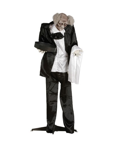 Maggiordomo animato Halloween con luci suoni movimento costume nero altezza 150cm decorazione horror