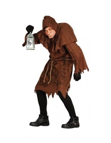 Costume da gobbo marrone con mantello strappato e cappuccio per Halloween e teatro