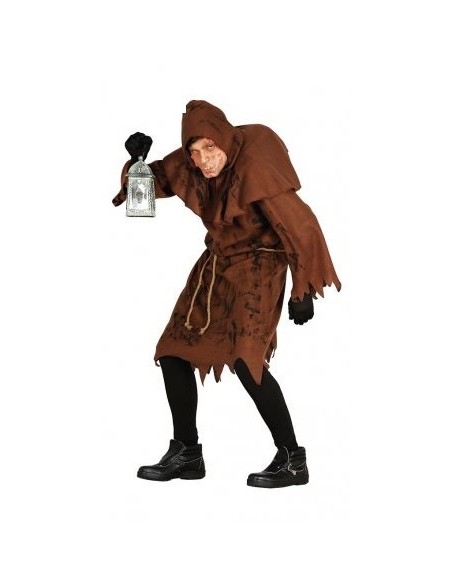 Costume da gobbo marrone con mantello strappato e cappuccio per Halloween e teatro