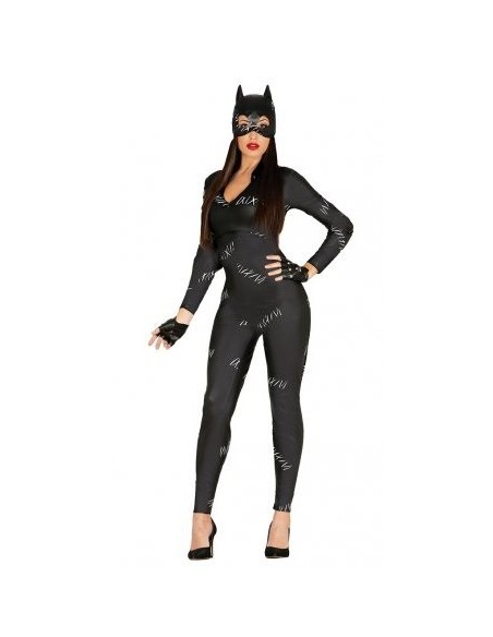 Costume Catwoman nero con tuta aderente graffiata e maschera felino per Halloween donna
