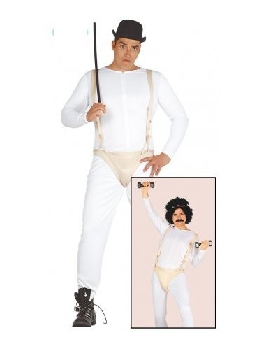 Costume Arancia Meccanica bianco con bretelle beige e cappello bowler nero per uomo