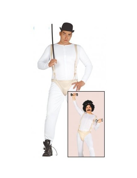 Costume Arancia Meccanica bianco con bretelle beige e cappello bowler nero per uomo
