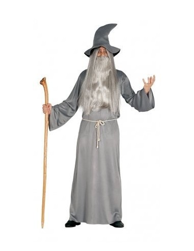 Costume da stregone grigio con tunica lunga cappello a punta e bastone magico per Halloween