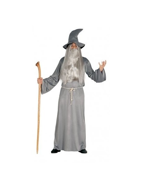 Costume da stregone grigio con tunica lunga cappello a punta e bastone magico per Halloween