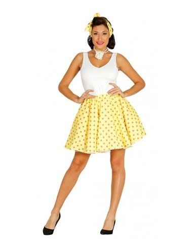Costume pin up anni 50 con gonna gialla a pois neri e top bianco per donna