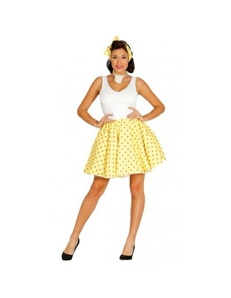 Costume pin up anni 50 con gonna gialla a pois neri e top bianco per donna