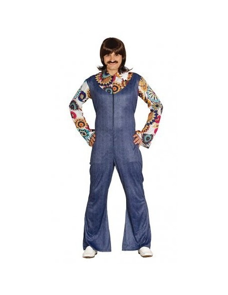 Costume hippie anni 80 uomo con tuta jeans azzurra e camicia multicolore a fiori per feste a tema retrò