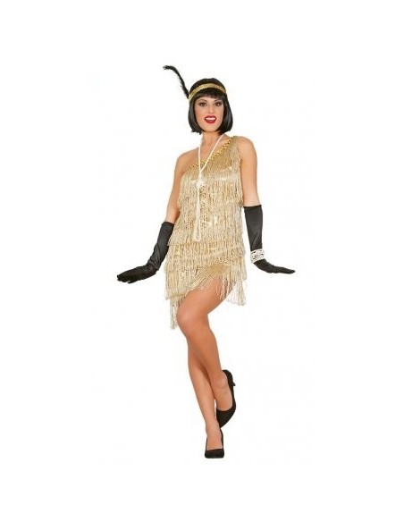 Costume Charleston dorato con frange e fascia piuma anni 20 per donna