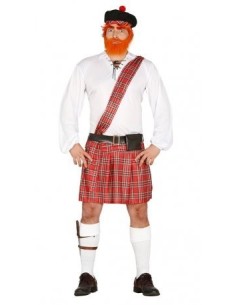 Costume scozzese uomo con kilt rosso tartan, camicia bianca, fascia e calzettoni per feste a tema