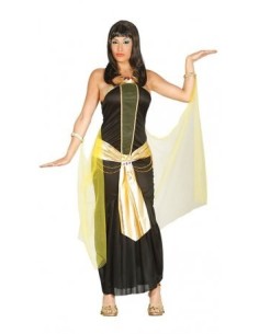Costume da egiziana nero con fascia gialla e mantello per feste a tema antico Egitto