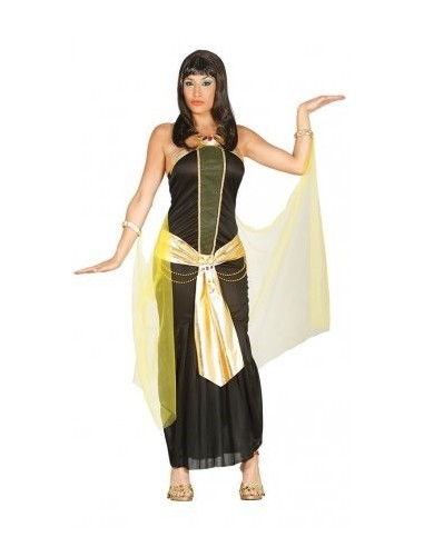 Costume da egiziana nero con fascia gialla e mantello per feste a tema antico Egitto