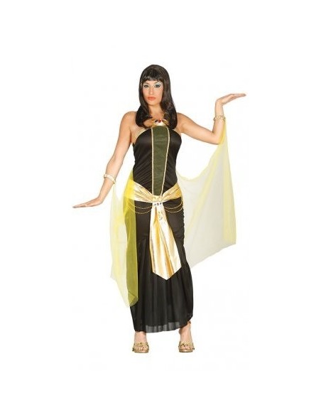 Costume da egiziana nero con fascia gialla e mantello per feste a tema antico Egitto
