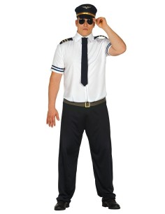Costume pilota adulto con camicia bianca, cravatta nera, pantaloni scuri e cappello aviatore con visiera