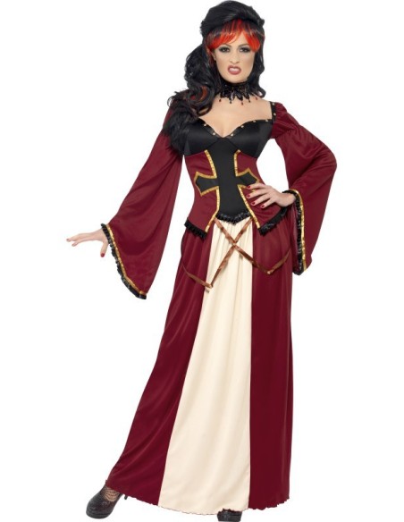 Costume vampiressa gotica donna bordeaux con corsetto nero e maniche ampie per Halloween
