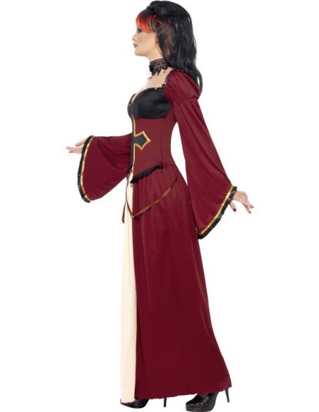 Costume vampiressa gotica donna bordeaux con corsetto nero e maniche ampie per Halloween