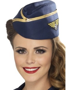Cappello da hostess blu navy con ricami dorati e stemma alato per costume vintage