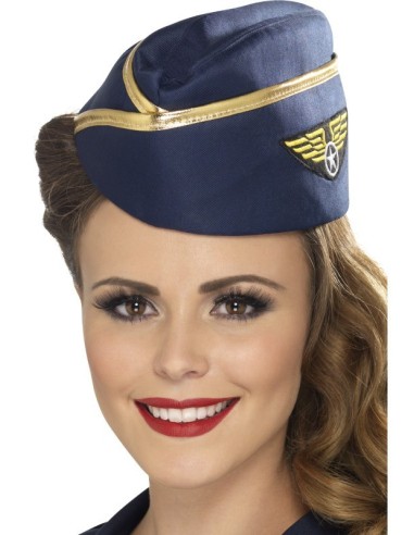 Cappello da hostess blu navy con ricami dorati e stemma alato per costume vintage