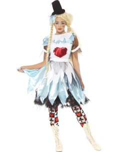 Costume Alice in Blunderland donna con abito azzurro strappato macchiato sangue e cappello nero Halloween