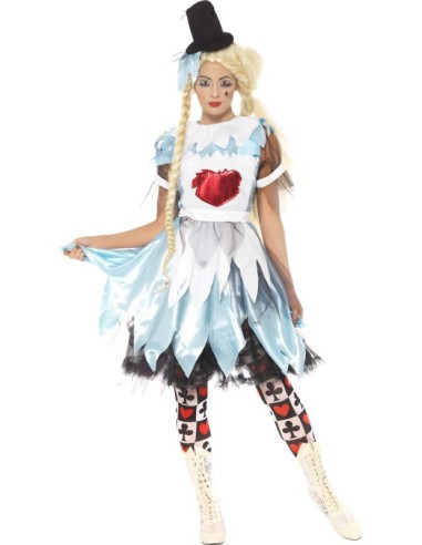 Costume Alice in Blunderland donna con abito azzurro strappato macchiato sangue e cappello nero Halloween