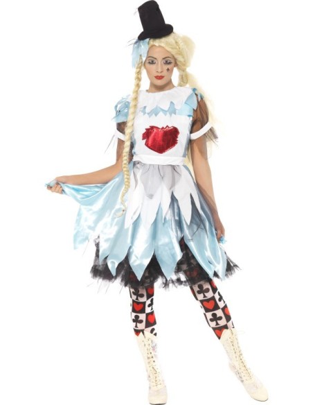 Costume Alice in Blunderland donna con abito azzurro strappato macchiato sangue e cappello nero Halloween