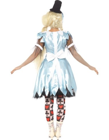 Costume Alice in Blunderland donna con abito azzurro strappato macchiato sangue e cappello nero Halloween