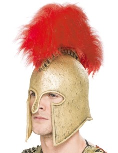 Elmo romano gladiatore lattice dorato con pennacchio rosso e protezioni guance per costume storico
