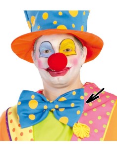 Papillon da pagliaccio a pois blu e arancione indossato con costume da clown colorato e cappello