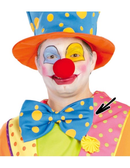 Papillon da pagliaccio a pois blu e arancione indossato con costume da clown colorato e cappello