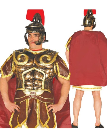Costume gladiatore spartano con armatura dorata, mantello rosso ed elmo per feste a tema storico