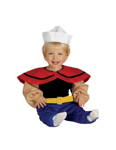 Costume Braccio di Ferro neonato con maglia nera colletto rosso cappello marinaio bianco pantaloni blu