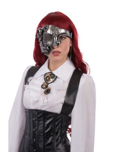 Maschera steampunk argentata mezzo viso con ingranaggi meccanici e dettagli metallici per costume