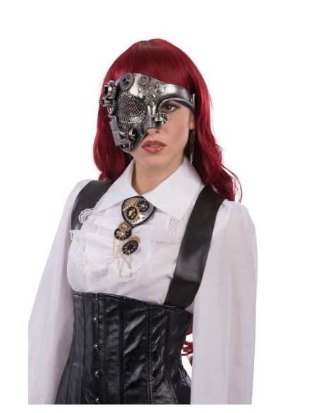 Maschera steampunk argentata mezzo viso con ingranaggi meccanici e dettagli metallici per costume