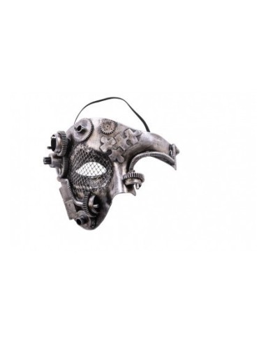 Maschera steampunk argentata mezzo viso con ingranaggi meccanici e dettagli metallici per costume