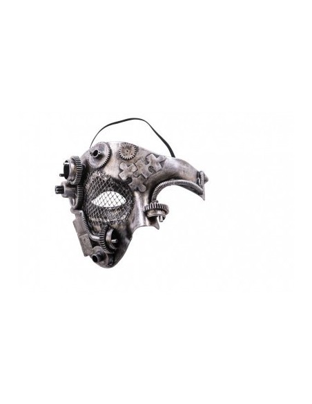 Maschera steampunk argentata mezzo viso con ingranaggi meccanici e dettagli metallici per costume