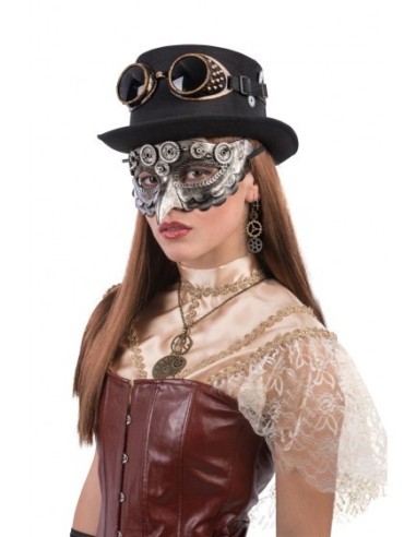 Maschera steampunk con becco e ingranaggi decorativi per costume retrofuturistico vittoriano