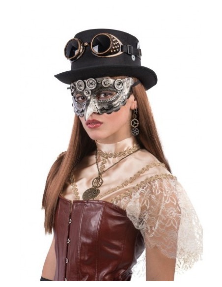 Maschera steampunk con becco e ingranaggi decorativi per costume retrofuturistico vittoriano