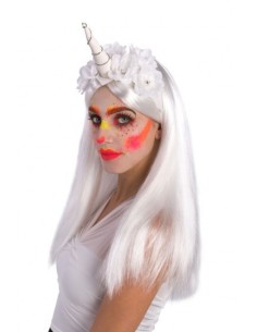 Copricapo unicorno bianco con corno e fiori decorativi per costume fantasy donna