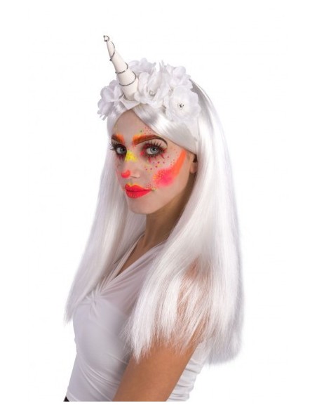 Copricapo unicorno bianco con corno e fiori decorativi per costume fantasy donna
