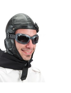 Cappello aviatore in ecopelle nera con occhialini e cinturino per costume da pilota vintage