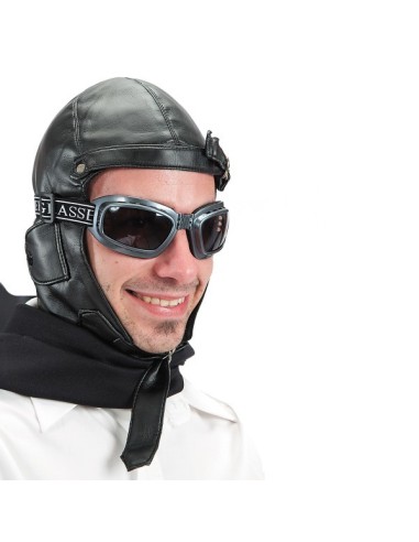 Cappello aviatore in ecopelle nera con occhialini e cinturino per costume da pilota vintage