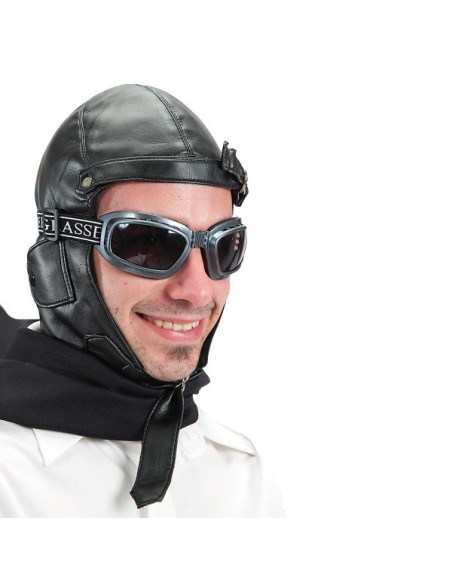 Cappello aviatore in ecopelle nera con occhialini e cinturino per costume da pilota vintage
