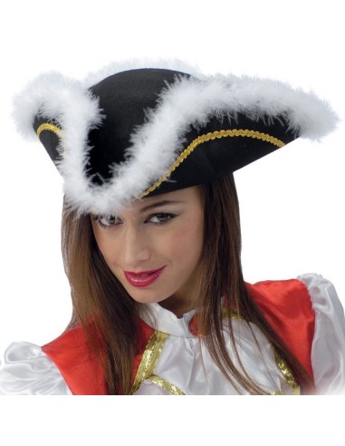 Cappello tricorno nero con piume marabout bianche e bordo dorato per costume da pirata