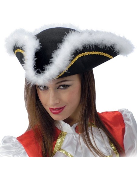 Cappello tricorno nero con piume marabout bianche e bordo dorato per costume da pirata
